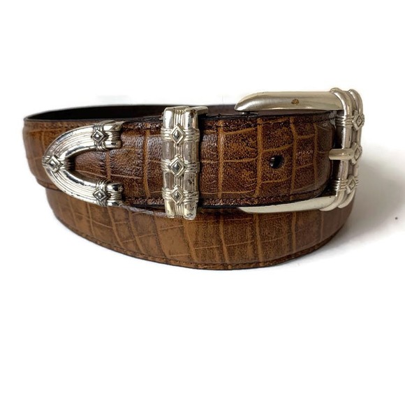 The Wharf Accessories - The Wharf Croc Embossed Crocodile Textured Western Brown Leather Belt Size Med